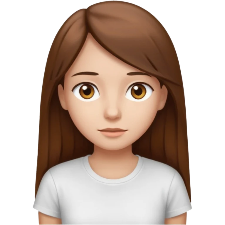 Chica de pelo liso ,largo y marrón con ojos color marrón claro y una camiseta blanca y la piel blanca emoji