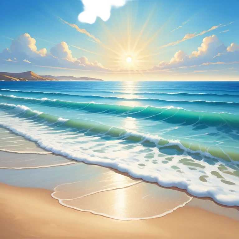 A beautiful  shoreless seascape with waves in warm tones under a bright sun, with the azure sea occupying the foreground. The sunlight reflects off the water, creating a vibrant, peaceful atmosphere. The background features a stunning sky with soft clouds and a distant horizon. emoji