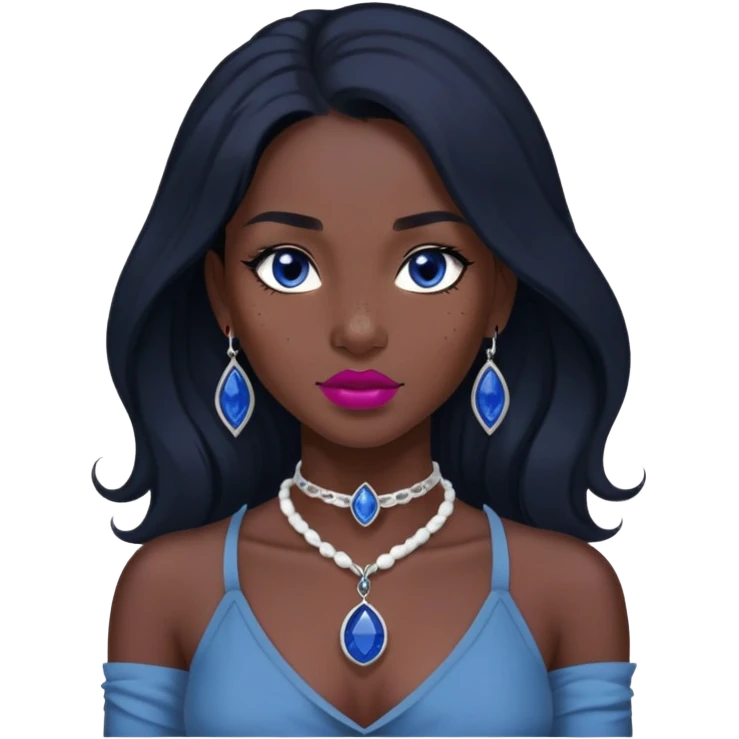 woman katara dark skin freckles dark black long hair reddish pink lipstick choker necklace with sapphire pendant emoji