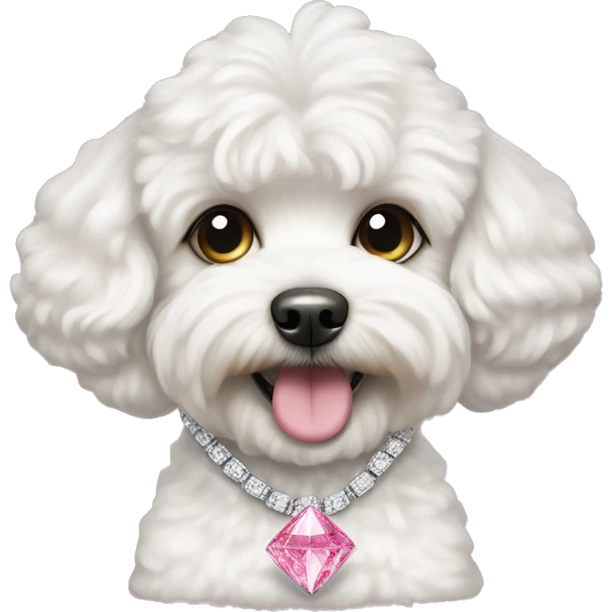 White maltipoo dog wearing a pink diamond necklace emoji