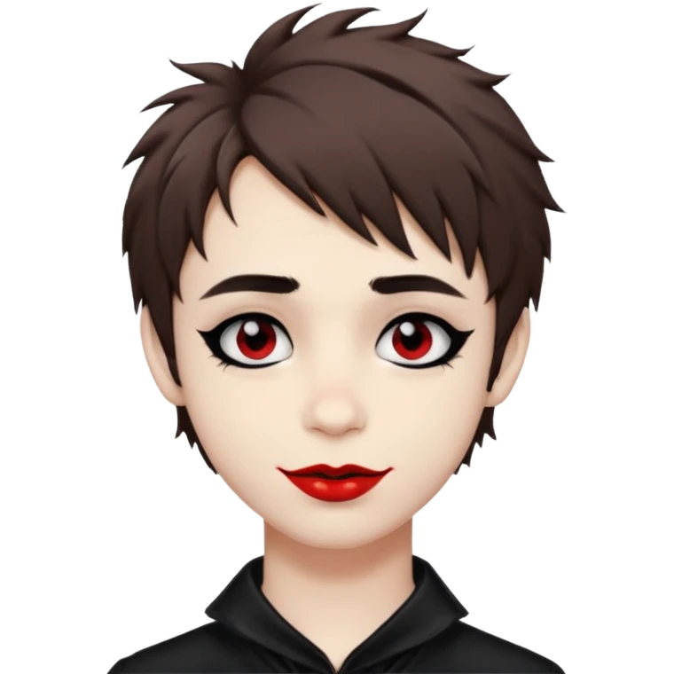 Happy pale Goth boy with shaggy brown hair, and messy black eyeliner , smudged, red, lipstick  emoji