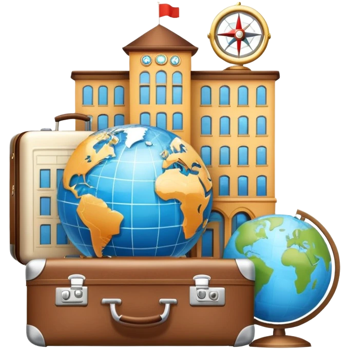 An icon featuring a suitcase, a globe, and a hotel building, symbolizing tourism and hospitality studies. The design includes a map and compass, representing travel research and industry analysis. Transparent background emoji