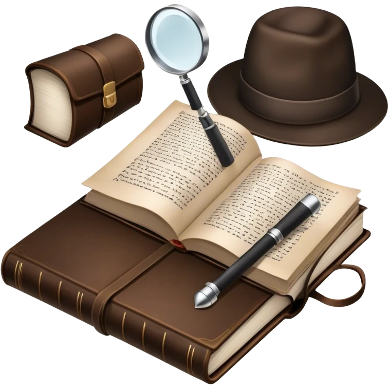 Icon for Detective Reading: an open book with text and a magnifying glass, a detective’s hat and a notebook with clues, surrounded by dark shadows and mysterious elements like footprints. Transparent background. emoji