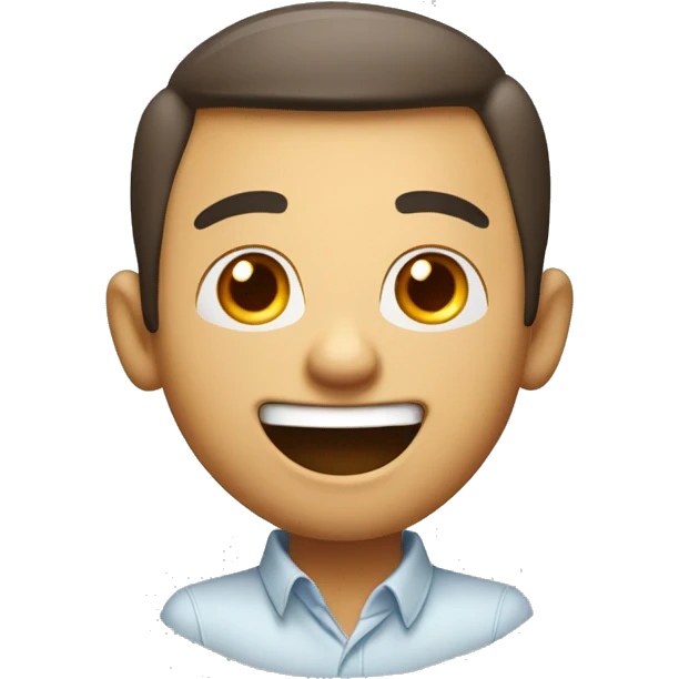 Create an animated face with large, lively eyes and a big, cheerful smile. Use bright colors to emphasize excitement and friendliness. emoji