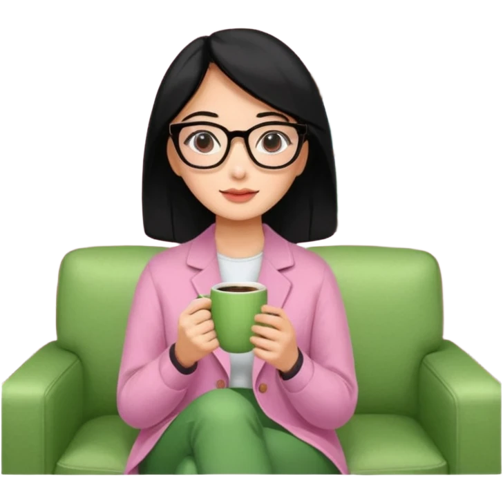 Chica de pelo negro ojos negros y piel morena con lentes oversize square GAFAS DE LEER BIEN GRANDES , ropa de color verde , sentada en una sala de casa , en la mano derecha una taza de cafe en color rosa con una flor negra de diseno. Sentada mirando un drama koreano en la television.  emoji