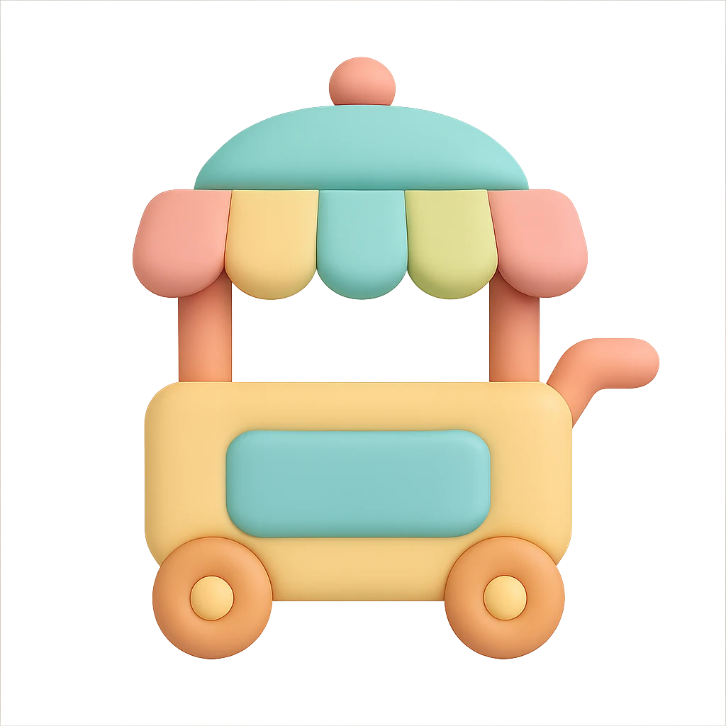 icon of a food cart, soft pastel colors, smooth rounded shapes, cute and minimal look emoji