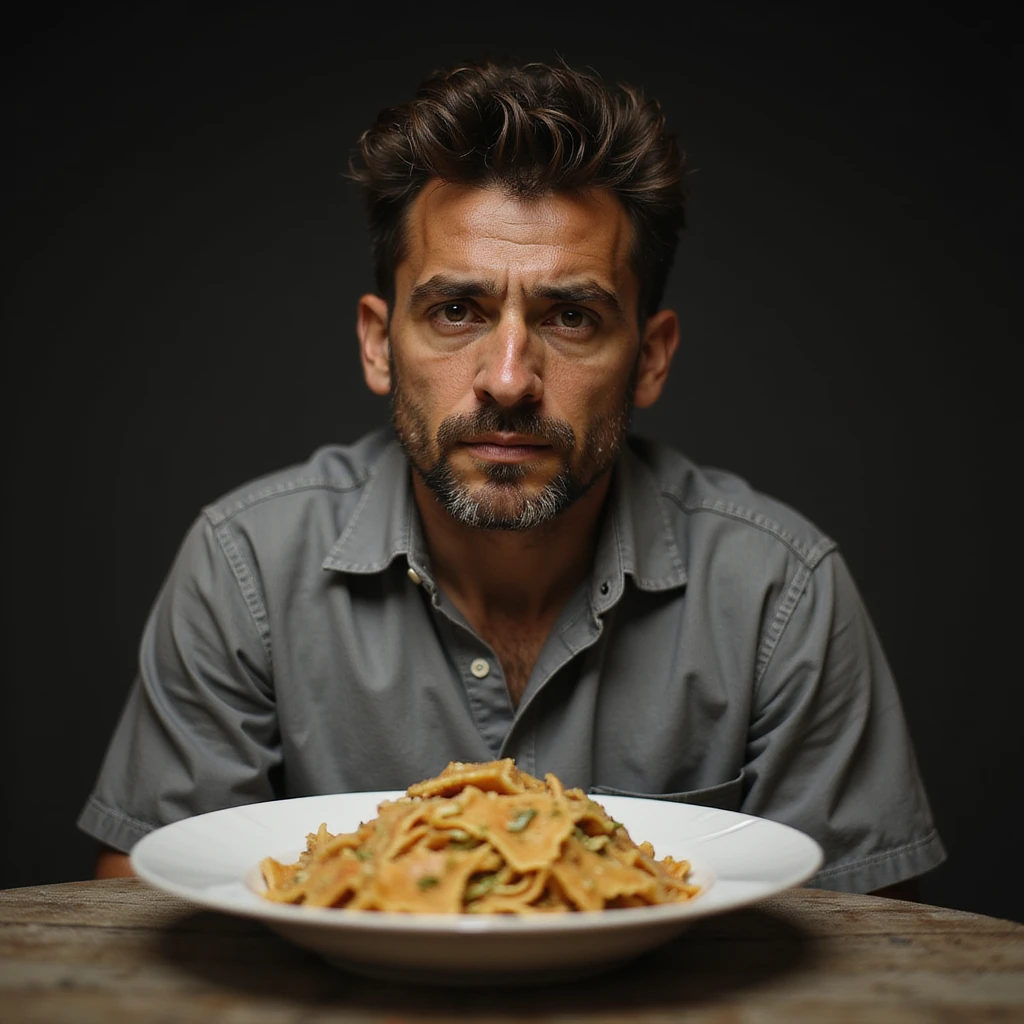 uomo di circa 20 anni, triste, che mangia un piatto di pasta, espressione triste, iperrealismo 4K, variazione 5 emoji