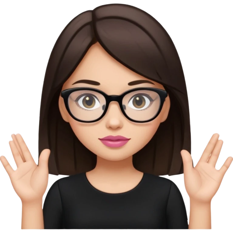 a cute white brunette girl in a black dress wearing glasses  with two hands  emoji