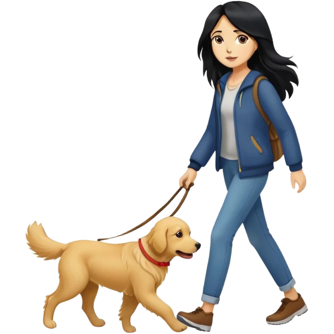 Long black hair - girl walking with a golden retriever emoji