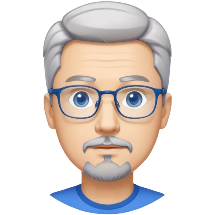 The character is a confident middle-aged modern man with short gray hair, a well-groomed pointed goatee, bright blue-gray anime-style eyes, and stylish rimless rectangular glasses. emoji