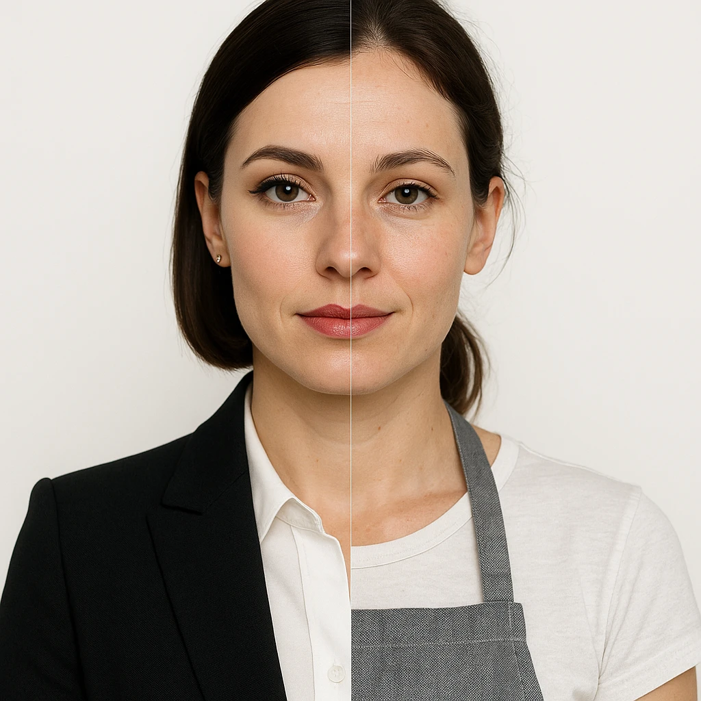 hyper realistic split-image of a woman, one half with business makeup and suit, other half natural, kitchen apron, white background, symmetrical, clear role difference emoji