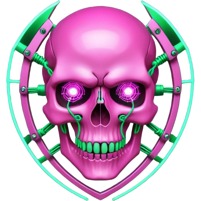 Cyberpunk shield, skull with cybernetic implants, glowing wires, dark electric pink and green tones, no background emoji
