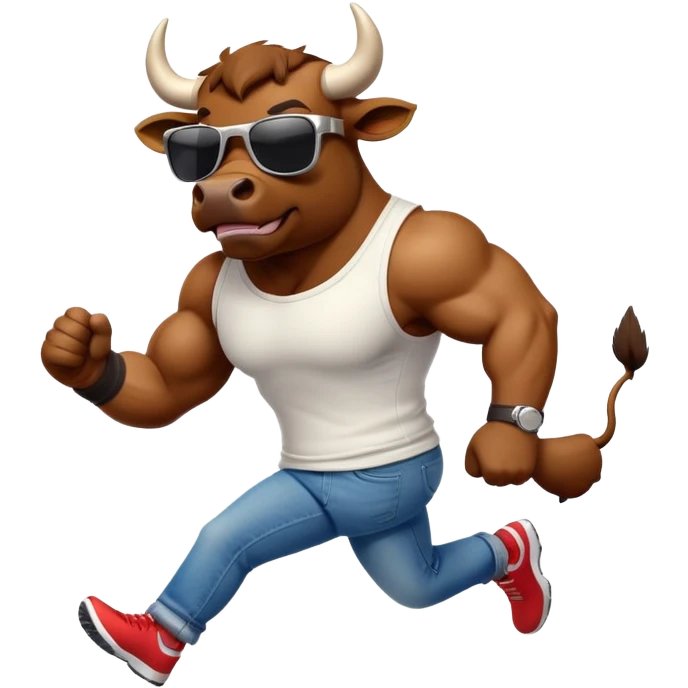 friendly anthropomorphised bull in jeans and a t-shirt, wearing dark sunglasses, jogging upright emoji
