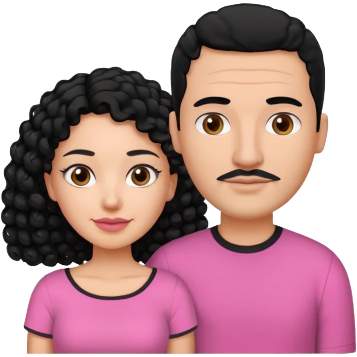 A picture if a couple. the man is a Mexican man with  black hair, a bald hair cut and black shirt on. the woman is mixed with black and white, with curly shoulder length hair and a pink shirt on emoji