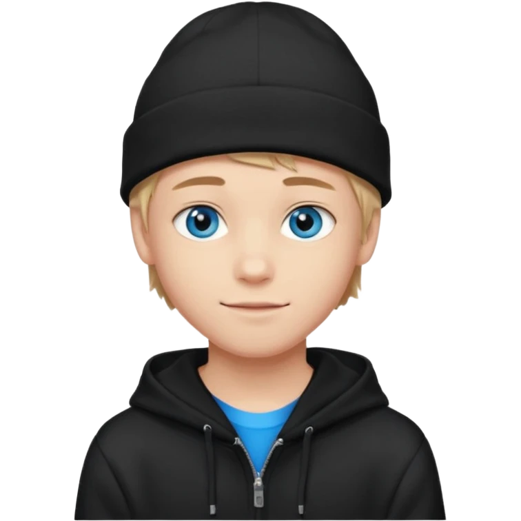 handsome and young teen pinterest boy good at fashion. popular among 'that brat girl', wearing hoodie (no blue) and beanie with blue eye  and little smile  emoji