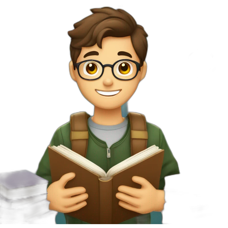 joven estudiante atiborrado de libros, sonriente y muy feliz con un libro en sus manos y en su cabeza, junto a muchos libros y una lampara emoji