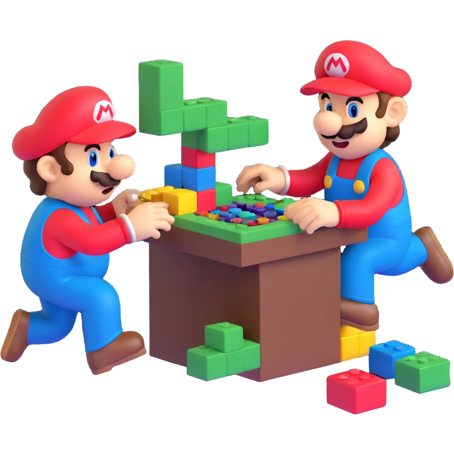 Mario Bros playing Tetris on a console, caricature 3D style emoji