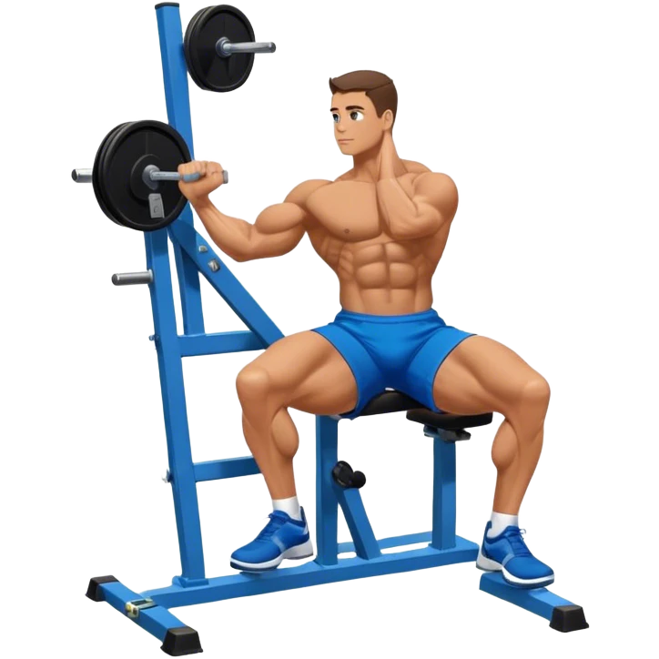 side-view bodybuilder in blue shorts seated weighted calf-raise machine on his tip toes emoji