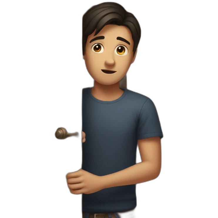 young dark-haired man struggling to close a wooden door emoji