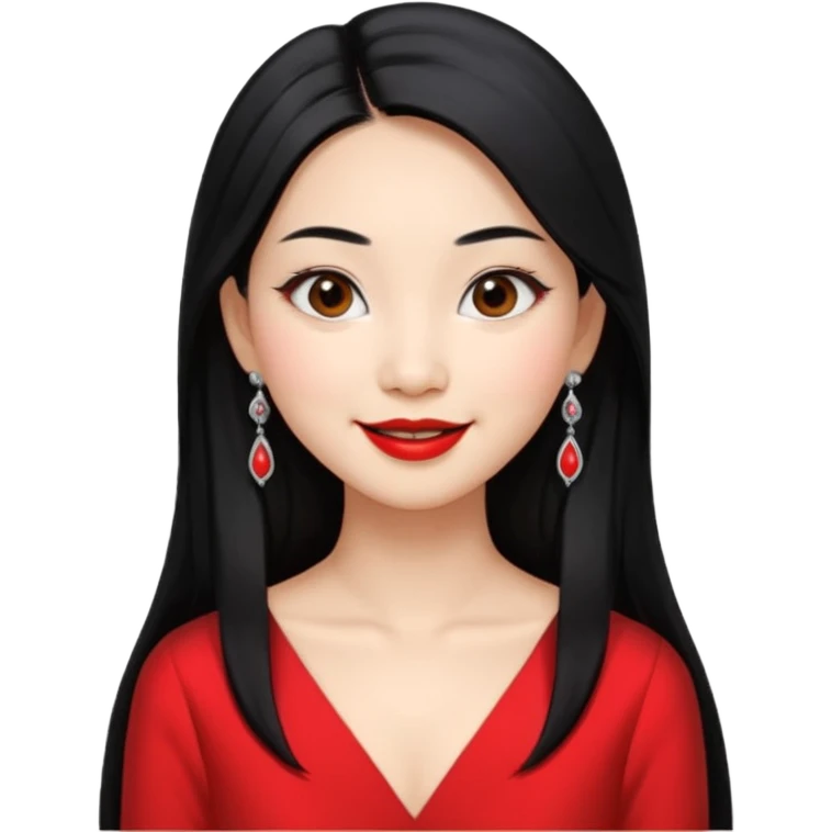 30 yr old asian woman, middle parted straight long black hair, very pretty, fancy dress, earings, red lipstick, silver earings emoji