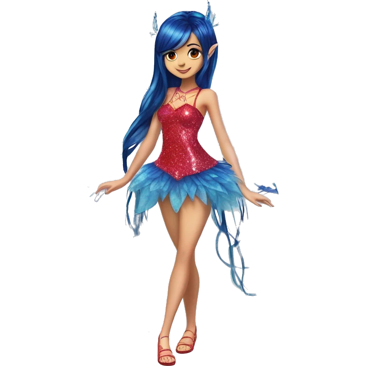 Musa asian adult fairy of music in her enchantix fairy red sparkling two-piece clothing and fairy enchantix wings and long dark blue hair in pigtails from winx club. Lots of sparkles and fairydust. Full body pic and full fairy bliss emoji