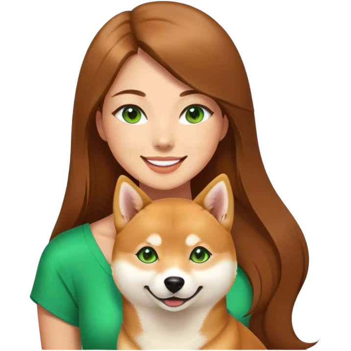 beautiful woman, straight long brown hair, green eyes smiling with dog Shiba Inu emoji