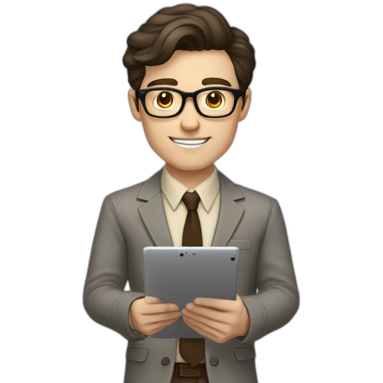 Pale skinned fit man with dark brown hair in gray jacket, beige office shirt, brown tie, brown pants and vintage glasses Writing on the tablet emoji
