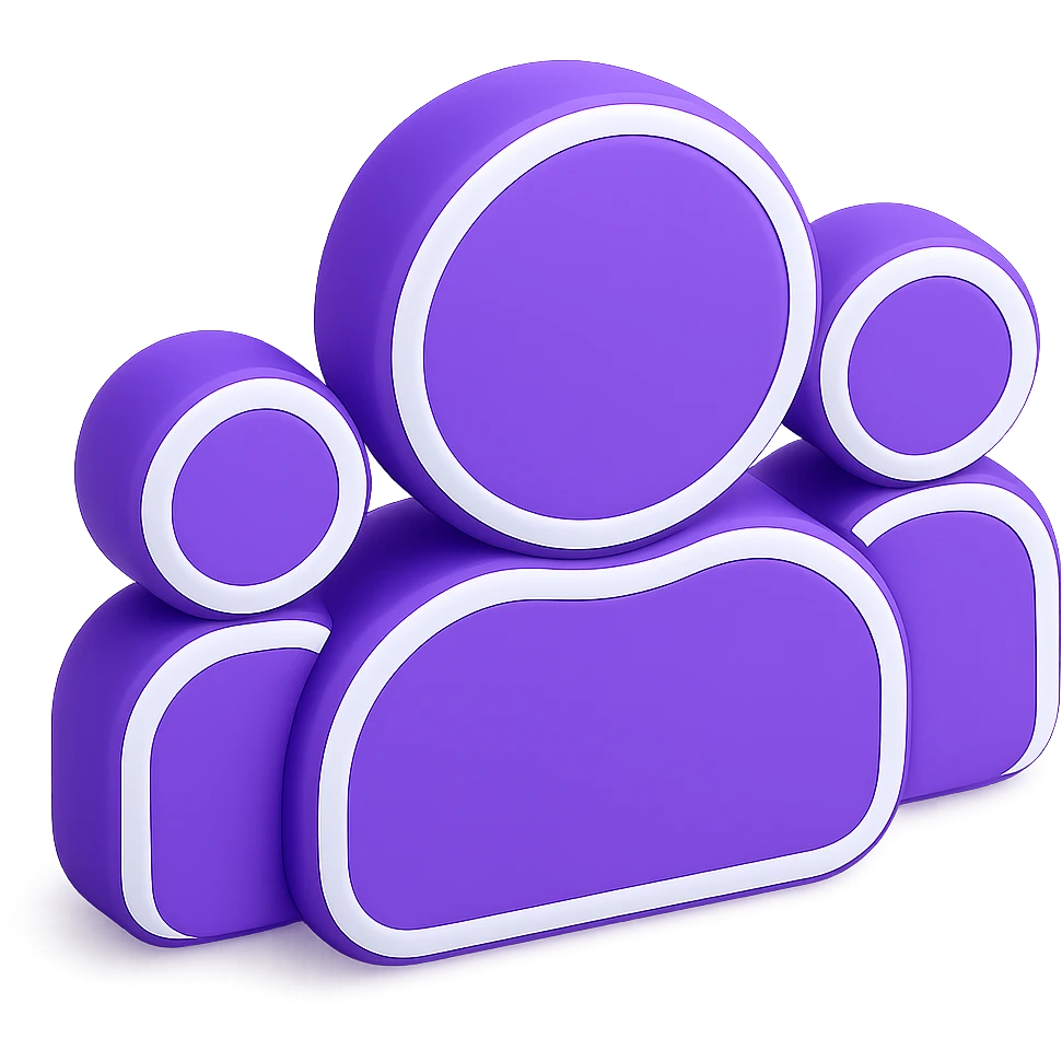 Enhance the 3D effect prominently in purple #7f0ddb on shadows, sides, and volumes, while keeping the front part orange #fe6601. The silhouette is of three people with a strong 3D effect and transparent background. emoji