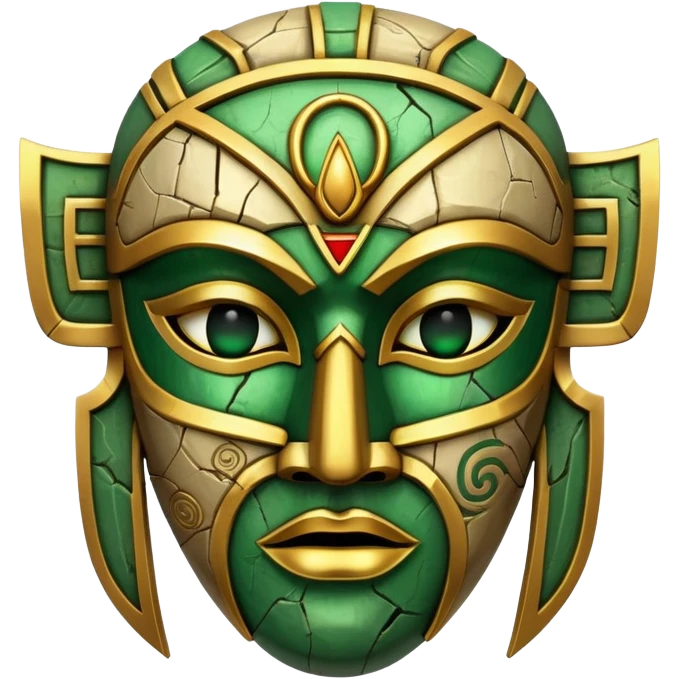 ancient mask, cracked and weathered, gold and green emoji