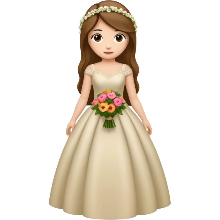 Chica blanca, cabello castaño, recogido en moño alto con mechones, vestido novia de manga larga, cuerpo entero, ramo de flores en una mano emoji