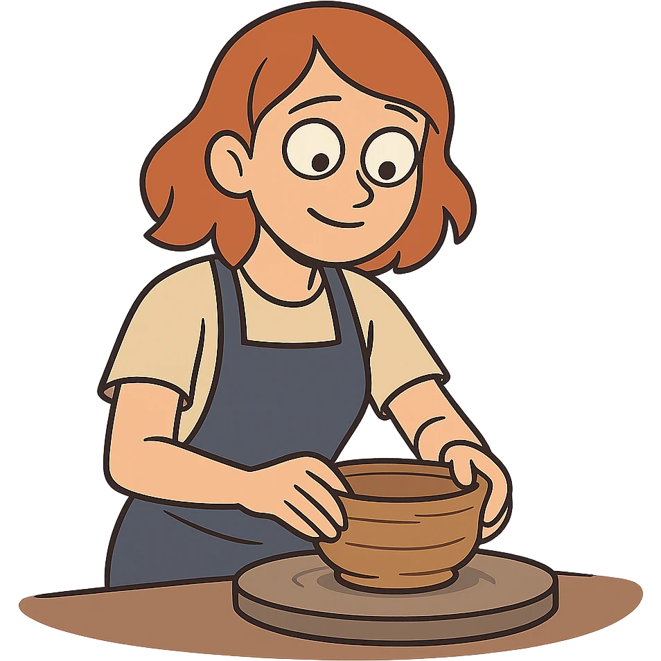 flat toon style girl with shoulder-length red hair making a bowl with clay emoji