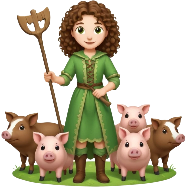happy young shepard, long curly brown hair, in green magical outfit, with wooden shepard stick in hand, taking care of pigs emoji