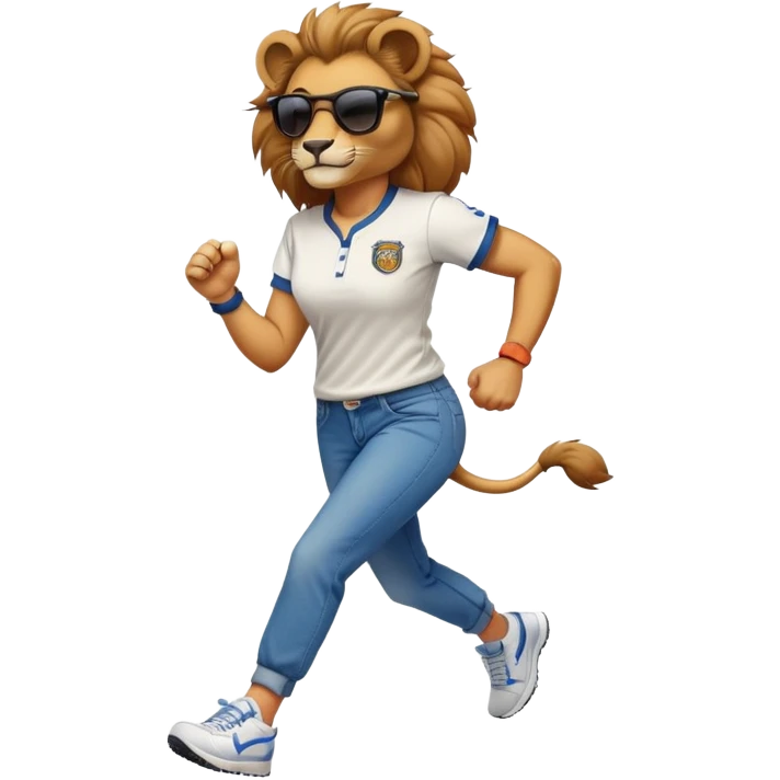 confident female lion jogging upright wearing baseball shirt, jeans, trainers, dark sunglasses, friendly expression emoji