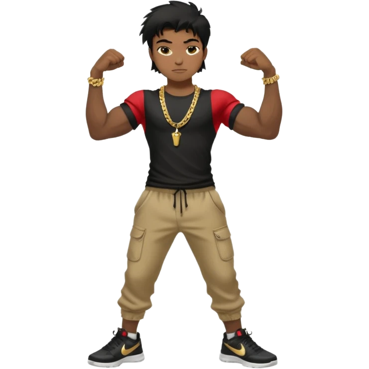 full side body view of muscular teen boy with veiny hands arms and biceps. has messy black hair with dark-tan skintone with black tshirt. has gold chain and nike shoes with baggy pants emoji