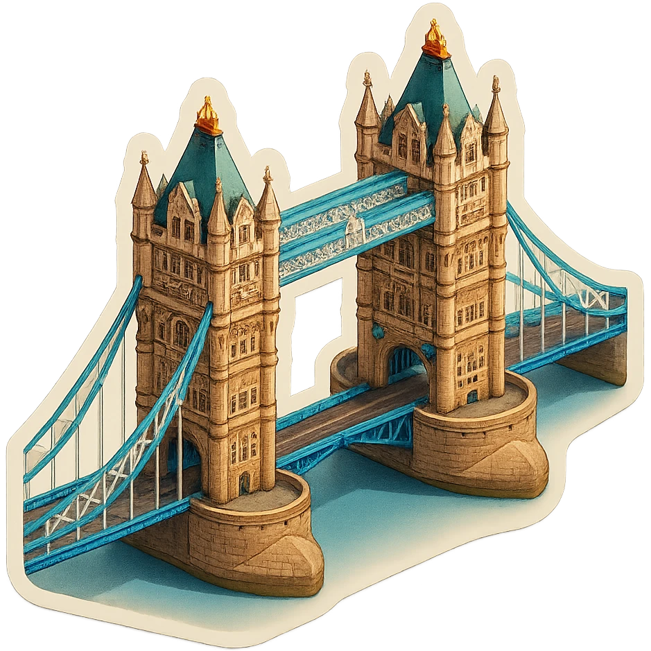 Isometric illustration of photorealistic Tower Bridge in London, detailed towers and suspension sections, subtle brick and metal textures, miniature style with soft shadows, transparent background. emoji