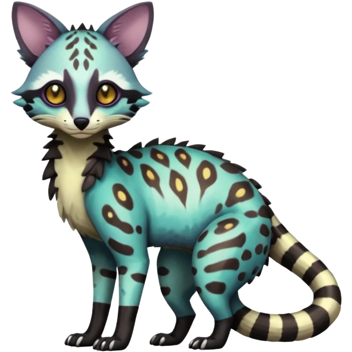 Rare realistic shiny warm-colored lush exotic cute edgy epic futuristic aesthetic gloomy spooky dark modern colorful cyber-Genet-Trico-species-Fakemon-hybrid-creature, with beautiful intricate markings, full body emoji