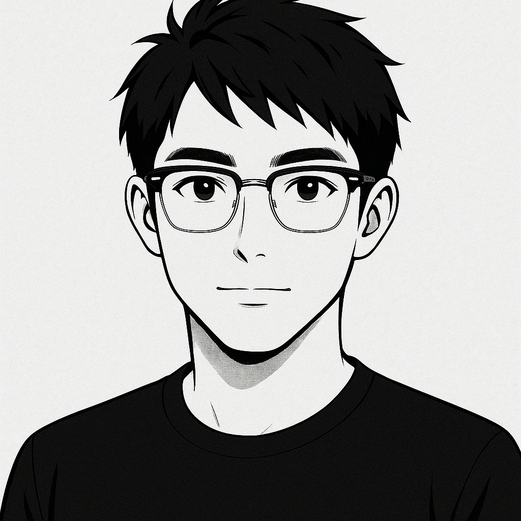 Create a half portrait in black and white anime style of an Asian male age 25, wearing Ray-Ban half frame glasses and a black t-shirt. Maintain the anime aesthetic with clear facial features and the specified accessories. emoji