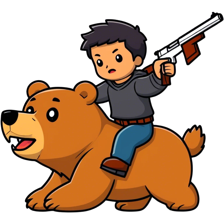 Brown guy with black hair riding a bear with a gun emoji