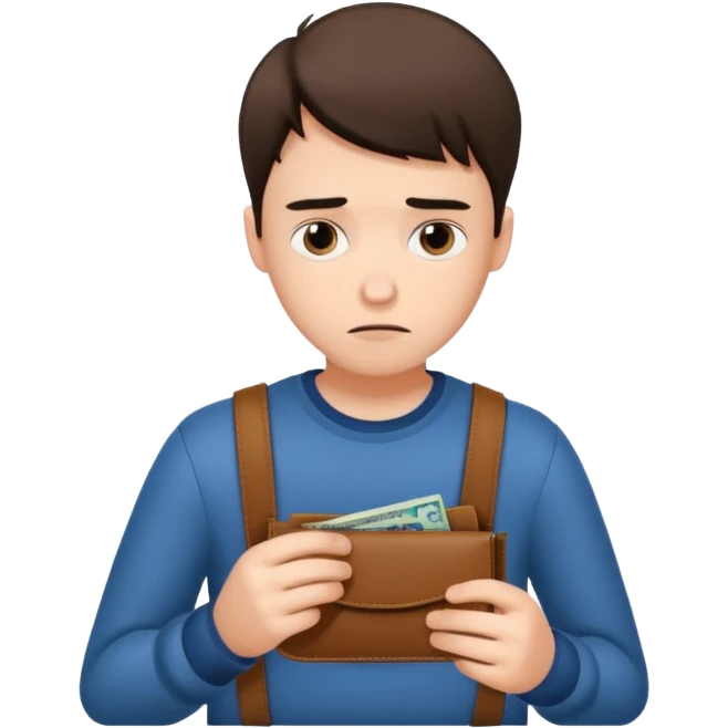 A young guy looks sadly at his empty wallet. emoji