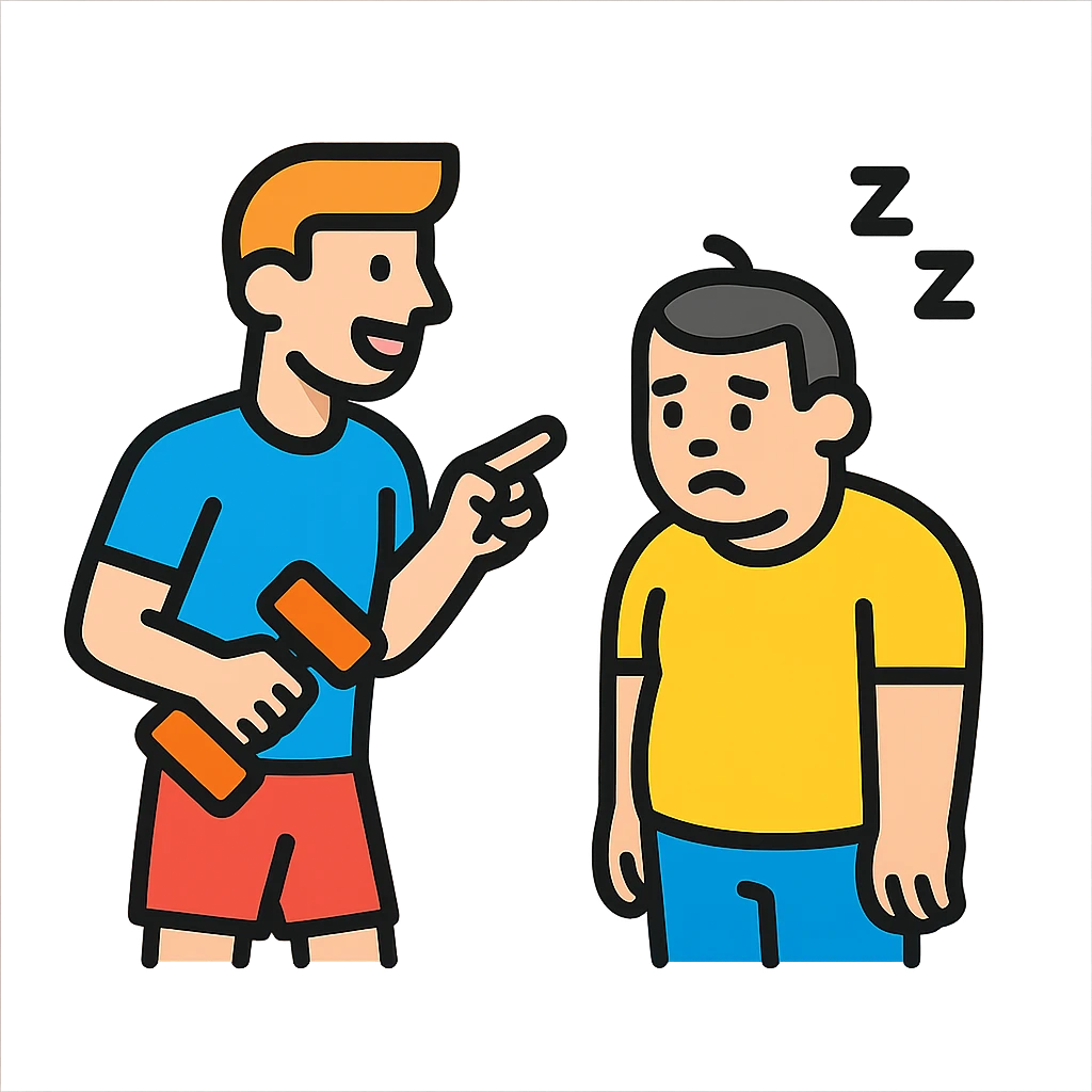 One sportsman encourages the other one, to do a workout and stop being lazy
 emoji