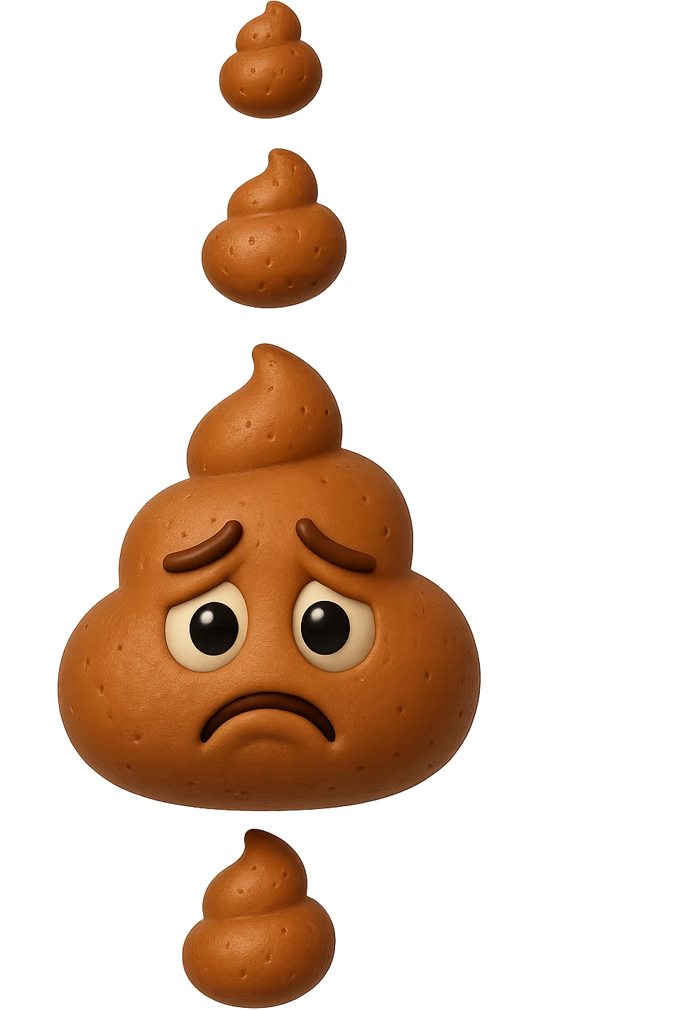 EMOJI STILE IPHONE 3D DI palline di cacca tristi che cadono dall'alto verticalmente, iperrealistico 4k emoji