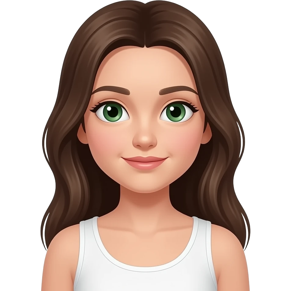 emogi style 3D jeune fille au cheveux lisse long et brun et aux yeux vert avec un débardeur blanc emoji