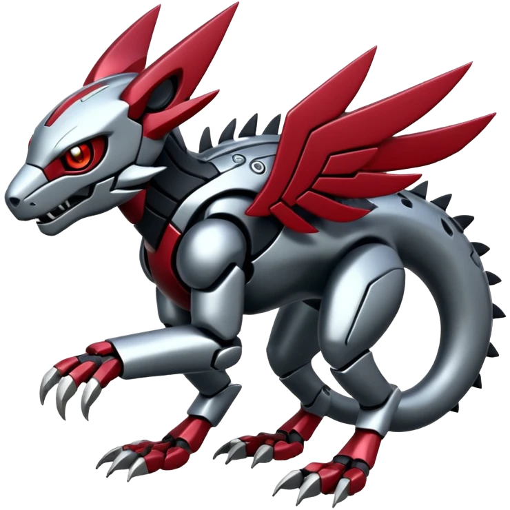 Futuristic cyborg modern badass cool shiny metallic alloy silver-grey obsidian-black crimson-red white animal Digimon Fakémon hybrid full body with intricate patterns emoji
