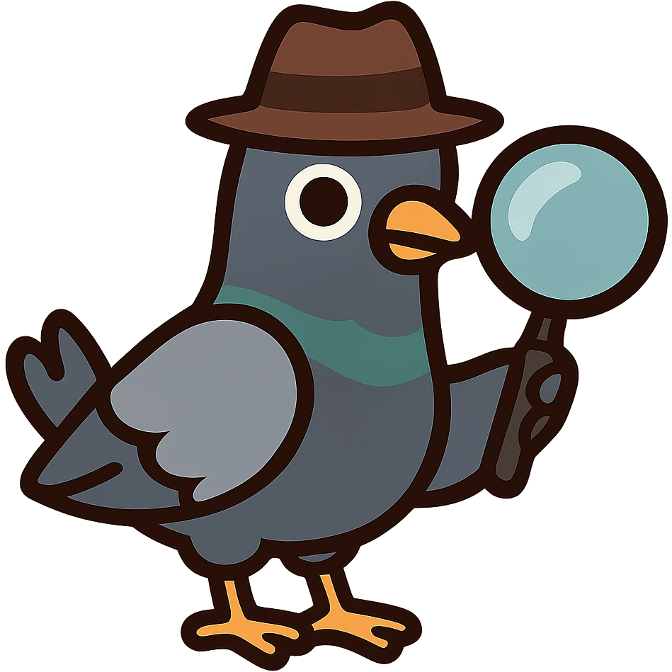 flat toon style cartoonish spy pigeon with a magnifying glass emoji