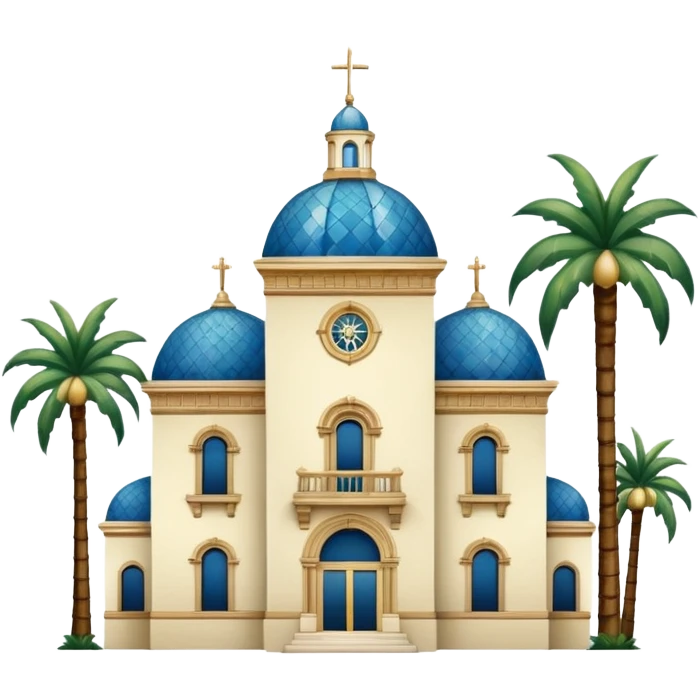 California Building with ornate blue, gold, and green tile dome and adjoining slender California Tower, Spanish Colonial Revival style, baroque details, palm trees, simple, no text, white background, version 3 emoji