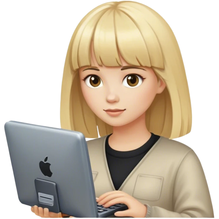 a girl with blonde hair and bangs with a computer in her hands emoji