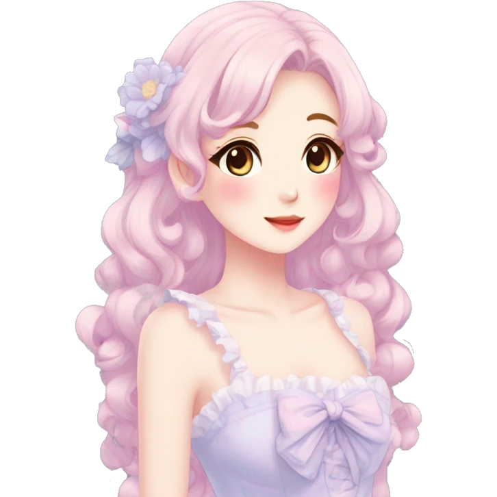 Gorgeous pastel anime style lady with blushing face and a dress cottagecore fairycore  Kawaii anime colorful pearly romantic simplistic aesthetic trending style emoji