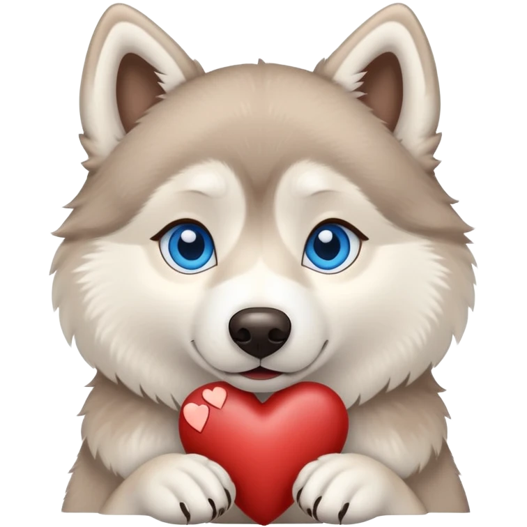 Beige husky with blue eyes holding a brown heart emoji