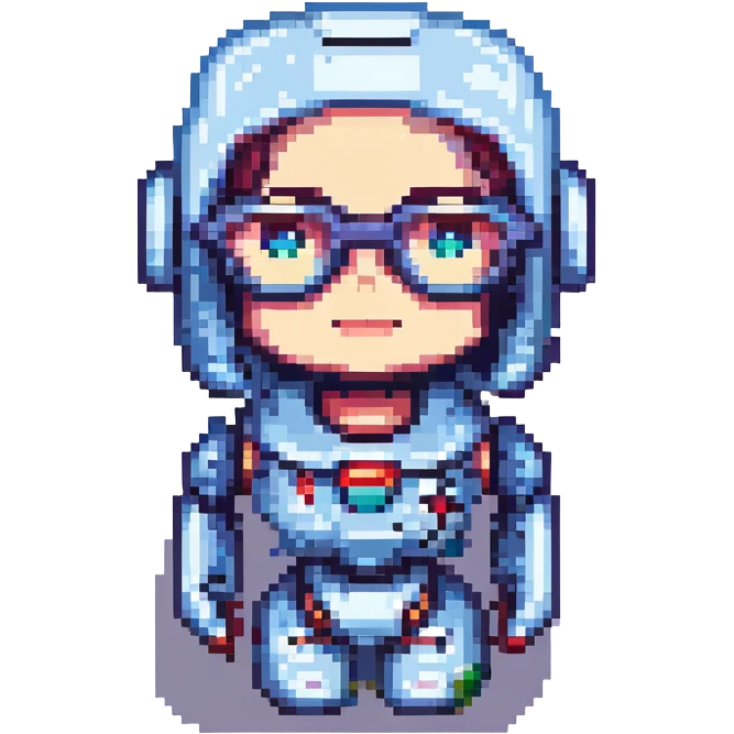 portrait of a cute female recruiter robot, 8-bit pixel art style, metallic, with glasses emoji