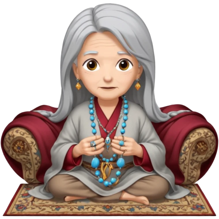 An old woman sits on a Persian rug with a rosary, a large ring, a long hair, but she is beautiful and modern, wearing a robe, and looks at the camera with amazement. emoji